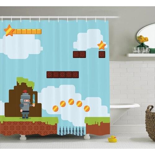 Video Games Shower Curtain Arcade World Kids 90s Fun Theme Knight with Fireball Bonus Stars Coins Image Fabric Bathroom Decor
