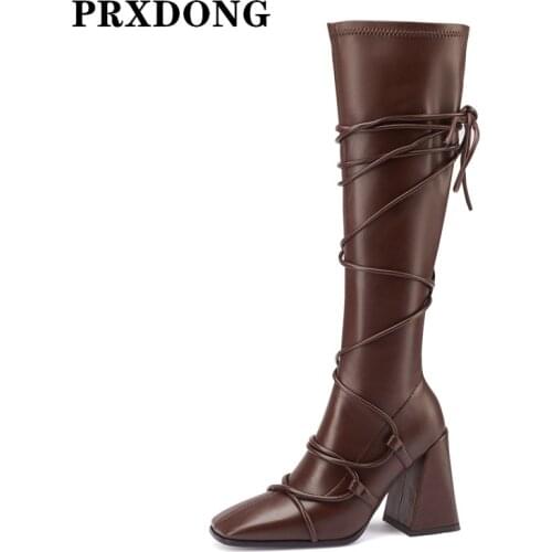 Fashion Autumn Winetr Warm Stretch Boots For Women Chunky High Heels Square Toe Black Dress Party Knee High Boots Big Size 34-41