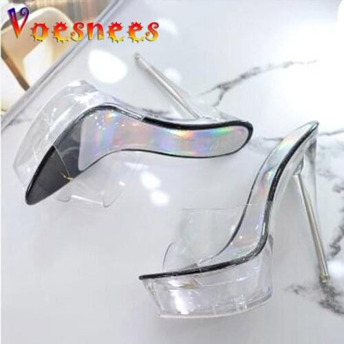 Women Shoes 2021 Summer High-Heel 14CM Waterproof Platform Crystal Transparent Slippers Thin Sexy Nightclub Female Cool Shoes