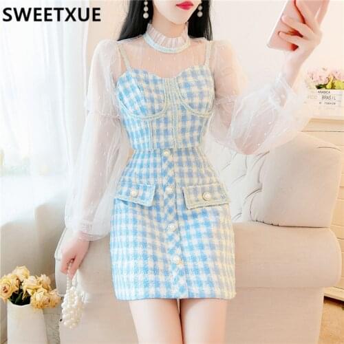 SWEETXUE Women Cute Korean Autumn Mesh Long-Sleeved Base + Suspender Top + High-Waist Skirt Tweed Three-Piece Suit Outfits