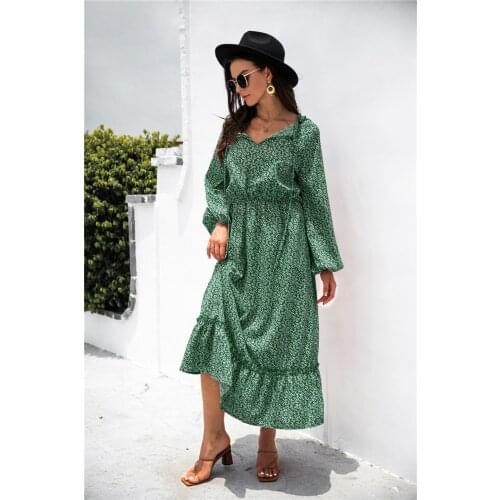 Elegant Bohemian Floral Print Maxi Dress Autumn Women Fashion V-Neck Lantern Long Sleeve Ruffled Wrap Party Dresses Vestidos