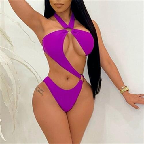 2021 Fashion Sexy Hollow One Piece Swimsuit Bandage Push Up Swimwear Women Halter Bathing Suit High Waist Monokini Swim Wear