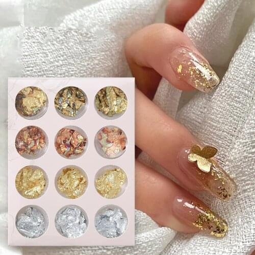 Gold Silver Nail Art Glitter Foil Paper Aluminum Irregular Flakes Nail Transfer Sticker Decal Manicure Gel Polish Nail Art Decor