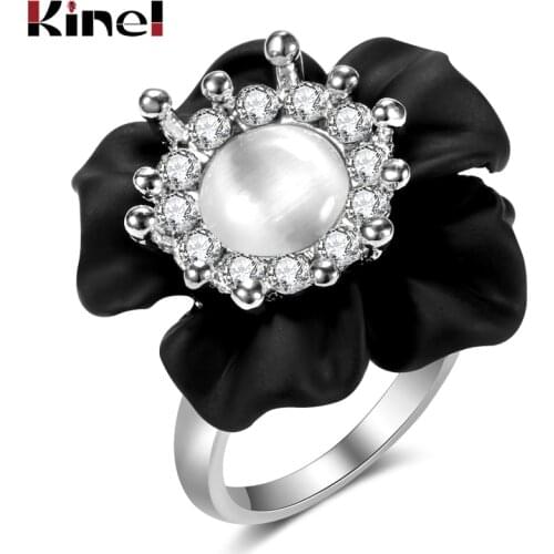Kinel Luxury Crystal Flower Big Ring For Women Silver Color Fashion Boho Black Enamel Opal Ring Vintage Wedding Party Jewelry