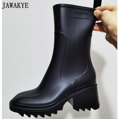 Brown PVC Rain Boots Women Square Toe Block Heel Short Ankle Boots 2021 Autumn Hot Side Zipper Rubber Platform Chelsea Booties