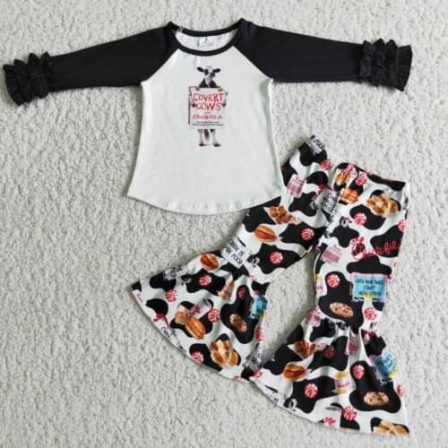 RTS Baby girls fall children icing long sleeve raglan top tee shirt heifer cow bell bottom pants wholesale no moq kids outfits