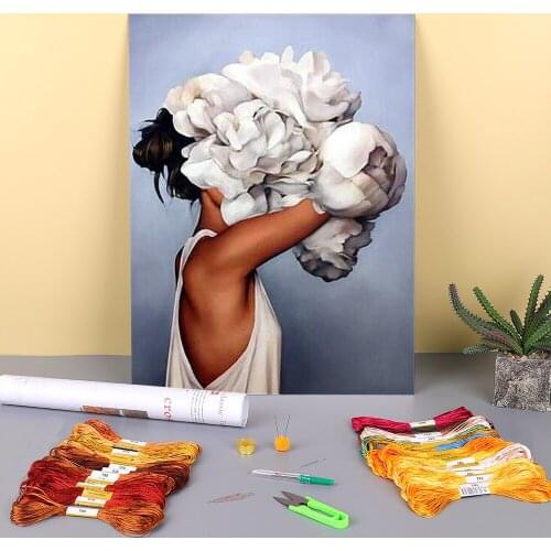 Girl Flower Printed Fabric 11CT Cross-Stitch Full Kit Embroidery DMC Threads Handicraft Handiwork Handmade Different