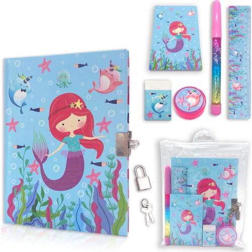 Diario Secreto with Lock for Girls,Mermaid Journal Set Includes7.1x5.3Inches Notebok Memo Pad Glitter Pen Ruler Sharpener Eraser