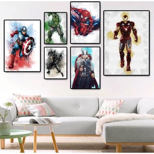 Marvel Comics Superhero Spider-Man Iron Man Art Wall Prints Poster Home Decor Kid Room Watercolor Decor Picture Canvas Painting