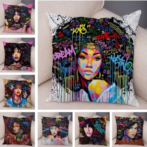 African Women Style Cushion Cover for Bedroom Sofa Home Decor Colorful Cartoon Girl Dream Pillowcase Plush Pillow Case 45x45cm