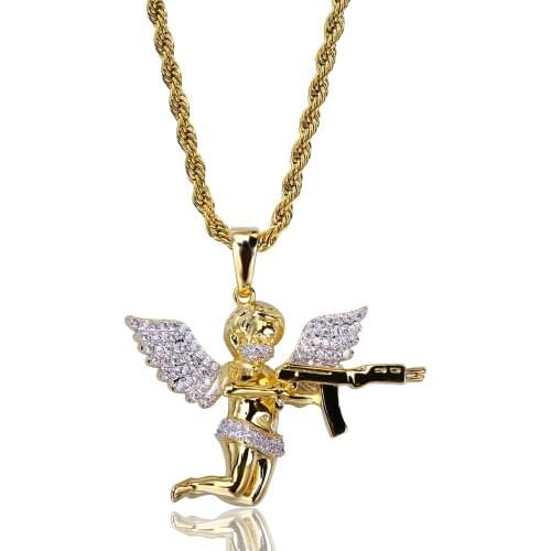 New Fashion Golden Cupid Use AK47 Pendant Necklaces Women Men Hip Hop Jewelry Bling Zircon Stainless Steel Long Chain Necklace