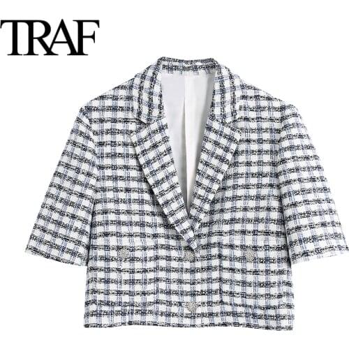 Traf Za Womens Clothing 2021 Spring Autumn Office Lady Loose Plaid Tweed Jacket French Fashion Female Suit Blazer Coat