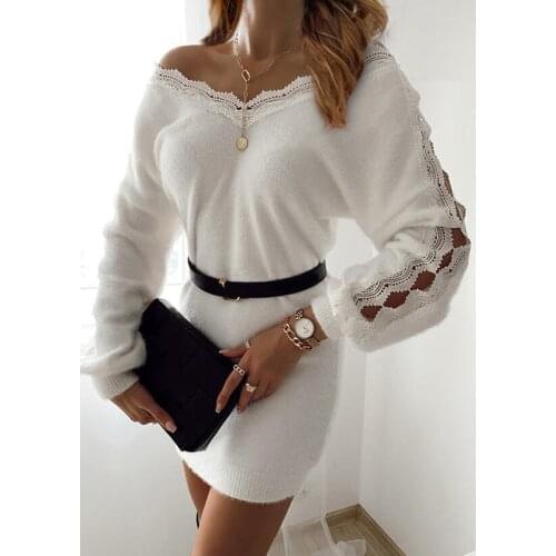 Elegant Ladies Autumn Winter Party Dresses Fashion Hollow Out Long Sleeve Sweater Dress Office Women Sexy V Neck Lace Mini Dress