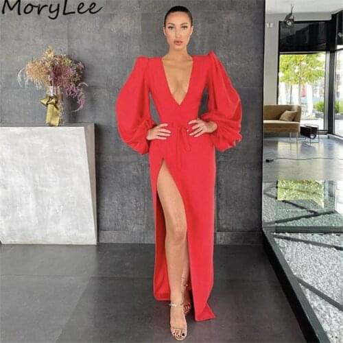 Prom Dresses Hot Red V-Neck Long Sleeves Floor Length Spandex Satin Side Slit Mermaid Prom Dresses vestidos de fiesta de noche
