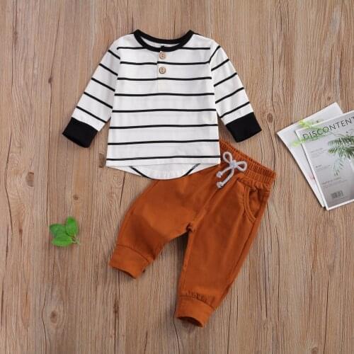 Pudcoco Newborn Baby Boy Clothes Long Sleeve Round Neck Striped Tops Solid Color Long Pants 2Pcs Outfits Cotton Clothes Casual