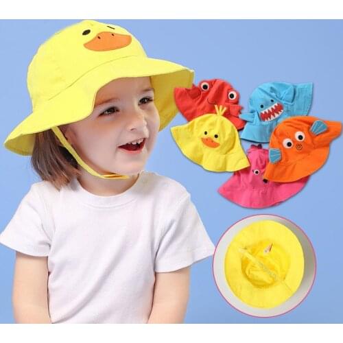 FRALOSHA Outdoor Children Cartoon Animal Fisherman Hat Sun Hat Hood Cute Cotton Girl Boy Frog Shark Small Yellow Duck Hat