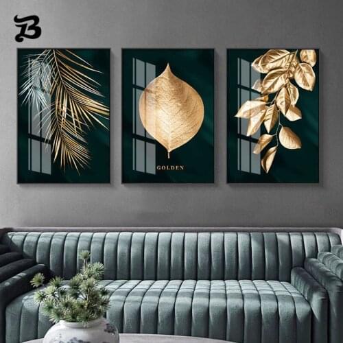 Modern Attractive Plants Gold Green Lwaves Abstract Canvas Painting Posters and Prints Wall Pictures for Living Room Decoration