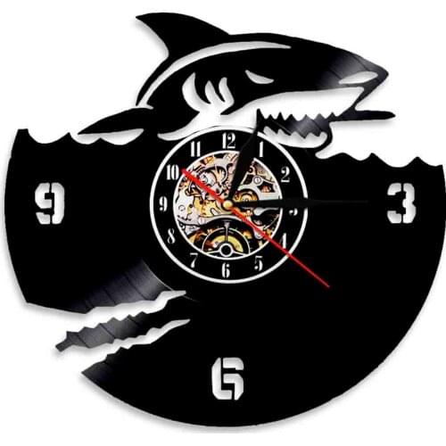 Scary Shark Silhouette Shadow Wall Clock Sea Animal Vinyl Record Hanging Watch Handmade Art Decor Modern Design Kids Gifts