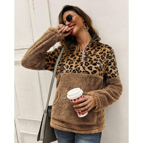5 Colors Winter Fleece Fashion Leopard Patchwork Fluffy Thick Sweatshirts Warm Zipper Pullovers Women Winter Sherpa Casual Tops