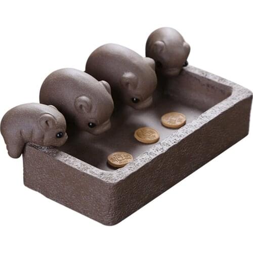 Traditional purple sand piggy tea pets, cute four pig sculptures, Chinese Kung Fu Tea Set Accessories , Home Decoration Crafts