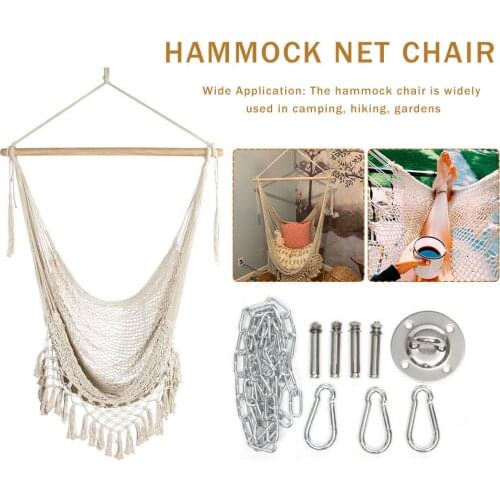 Outdoor Hammock Chair Large Cotton Rope Hanging Chair Swing With Wood Bar Lightweight Mesh Swing Chair
