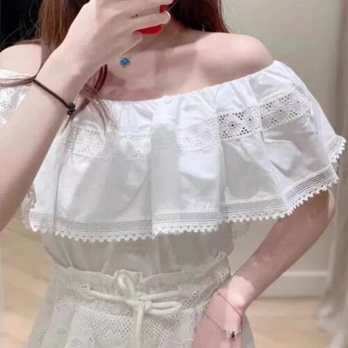 Women T-shirt Slash-neck Solid Color Lace Ruffled Sleeveless Cotton Ladies Tops Slim Waist Girls T-shirt Female Clothes