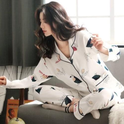 Womens Suit Cotton Soft Long Sleeves Lapel Pajamas Set Button-Down Floral Print Nighties for Female Korean Autumn Loungewear