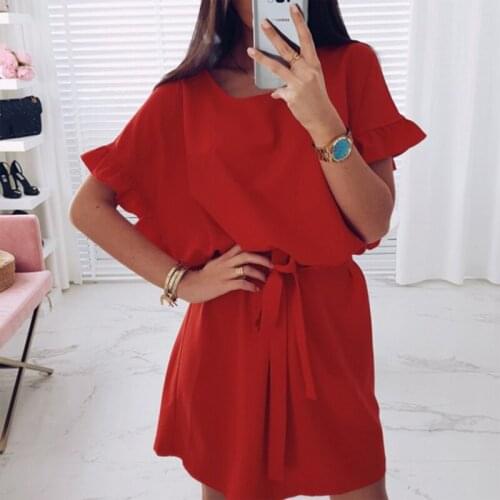 2020 Fashion Womens Summer Dress Casual Loose Solid Color Round Neck Bat Short Sleeve Irregular Hip Belt Pullover Sexy Dress
