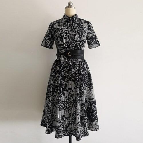 2021 Spring Summer OL elegant belt dress High quality print short sleeves dress B869