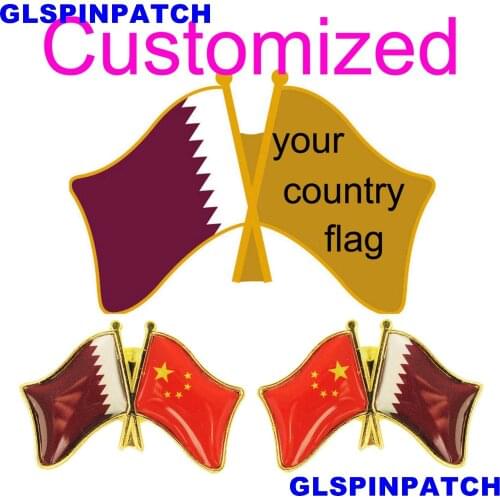 Qatar Crossed Friendship Flag Double Country lapel pin Brooch USA UK France Chile Russia Saudi Arabia Japan Spain Badge