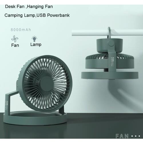 8000mAh 3 Speed Camping Hanging Fan with LED Lantern USB Powerbank Desk Fan for Outdoor Home Office Hiking