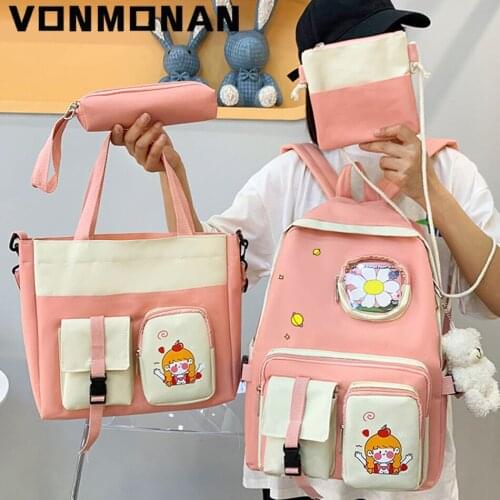 4 Pcs Cute Backpack Purse Kawaii Canvas School Book Bag for Teenage Girl College Large Bagpack Pencil Case Student Bag Rucksack
