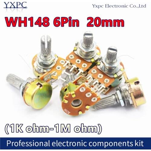 5pcs WH148 6Pin 20mm B1K B2K B5K B10K B20K B50K B100K B500K Amplifier Dual Stereo Potentiometer 1K 2K 5K 10K 50K 100K 500K