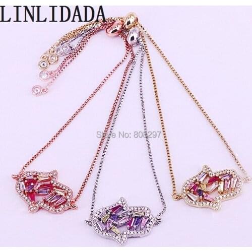 8Pcs New Fashion Charm Rainbow CZ Cubic Zircon Micro Pave Hamsa Hand Connector Bracelets