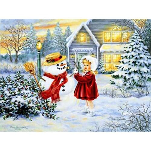 Diamond Painting Round Full Drill White Snow House Little Girl Snowman DIY Needlework Mosaic Embroidery 5D Cross Stitch