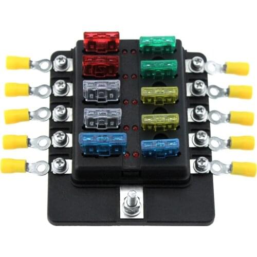 10 Way Blade Fuse Box Holder Fuse Blocks Red LED Indicator 10Pcs Fuses 10Pcs Terminals for Car Marine Caravan Truck 12V 24V