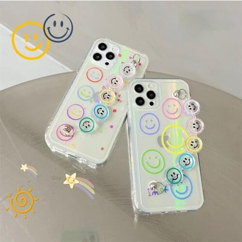 Laser Transparent Cute Smiley Bracelet Phone Case For iphone 12 mini 7 8 plus X XR XS Max SE 2020 11 Pro Max Cartoon Soft Cover