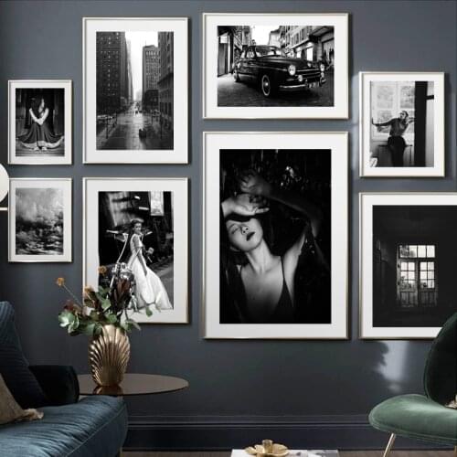 Black White Woman Car Street Cloud Door Vintage Nordic Poster Wall Art Print Canvas Painting Wall Pictures For Living Room Decor