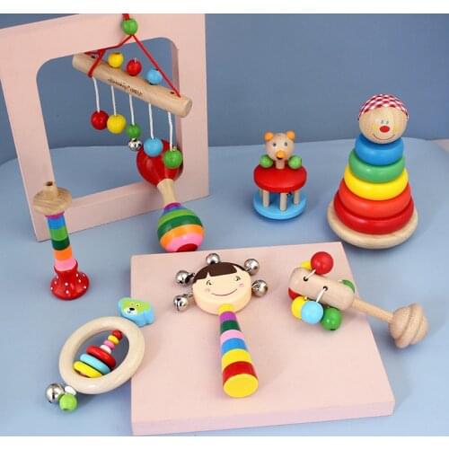 Baby Rattle Natural Safe Materials Wooden Colorful Rattle Hand Rattle Wooden Tooth Toy Baby Teether Baby Gift Toy