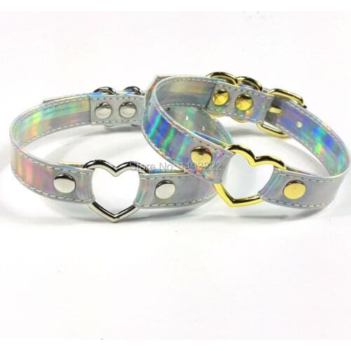 Designed Women 100% Handmade Sexy Rainbow Choker Holographic Choker Gold Heart Shaped Laser Collar Harajuku Necklace