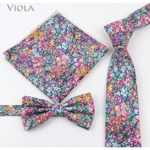 Vintage Floral Printed Neck Tie Set 6.5cm Cotton Linen Men Tie Butterfly Hankie bowtie Handkerchief Pocket Square Wedding Party