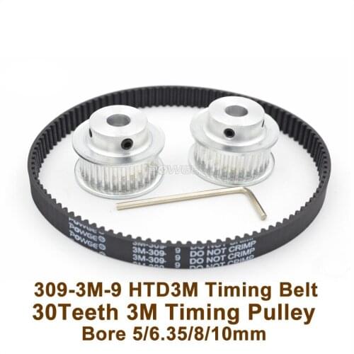 POWGE 30 Teeth 3M Timing Pulley Bore 5/6.35/8/10mm + 309 3M Timing Belt W=9mm 30T 30Teeth 3M Pulley 309-3M Engraving Machine