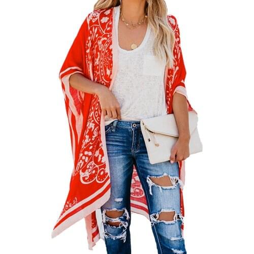 White/Black/Red Tokyo Medallion Kimono For Women Beach Bohemian Cover Up Swimwear Loose Open Front Tops One Size