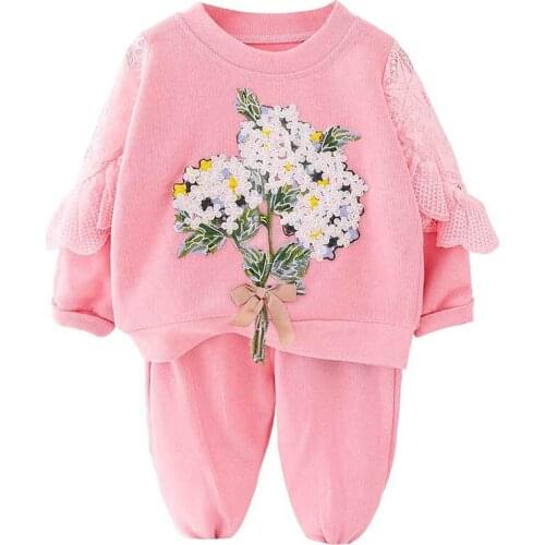 100% Cotton Clothes Set Spring Autumn 3-48M Toddlers Fashion Girls Long Sleeve Lace Embroidered Top + Sports Style Trousers Kit