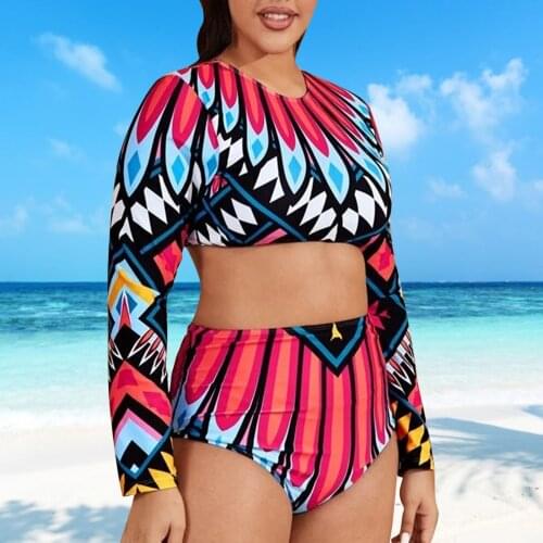 Plus Size Swimming Suit 2PCS Of Set Soft Comfortable Sexy Color Printing Bikini Split High Waist 2XL Bikini Long Sleeve Swimsuit