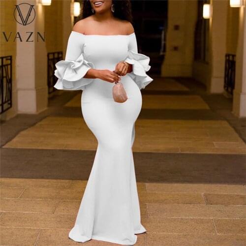 VAZN 2020 New Off Shoulder Floor-length Evening Gown Women Elegant Sexy Club Special Fashion Women High Waist Thin Maxi Dress
