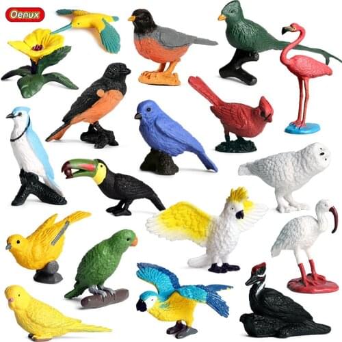 Oenux 17PCS Bird Animal Parrot Flamingos Snowy Owl Toucan Model Action Figure Figurines Cake Toppers Miniature Education Kid Toy