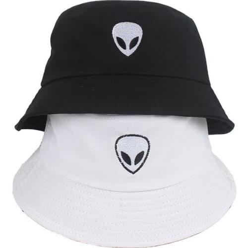 Cotton Alien Pattern Embroidery Bucket Hat Fisherman Hat Outdoor Travel Hat Foldable Sun Cap Hats for Men and Women 542