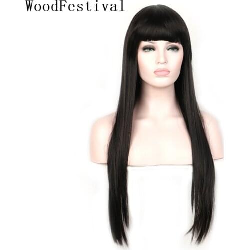 WoodFestival Female Long Straight Synthetic Wig With Bangs Cosplay Wigs For Women Hair Black Pink Burgundy Dark Light Brown