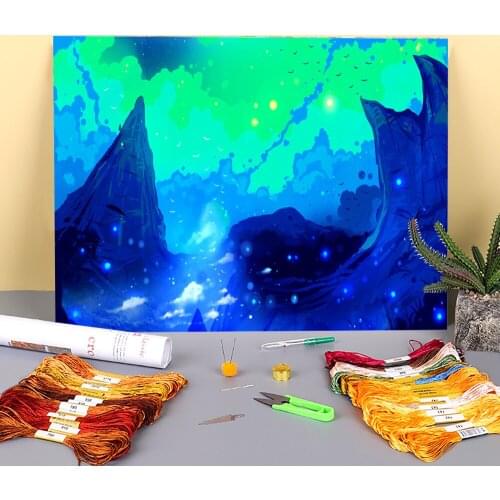 Scenery Blue Land Printed 11CT Cross Stitch DIY Embroidery Full Kit DMC Threads Hobby Handicraft Needlework Painting Home